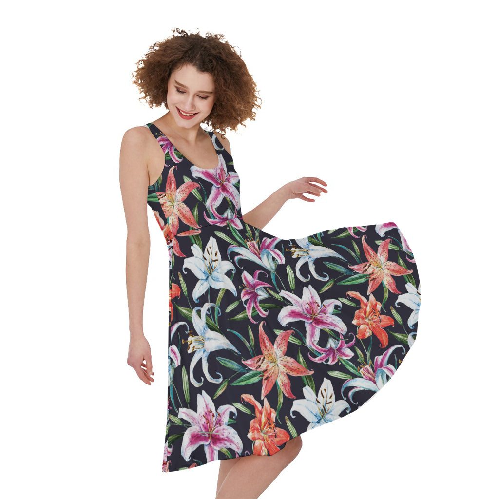 Watercolor Lily Flowers Pattern Print Women's Sleeveless Dress