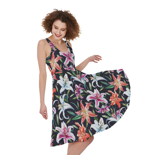 Watercolor Lily Flowers Pattern Print Women's Sleeveless Dress