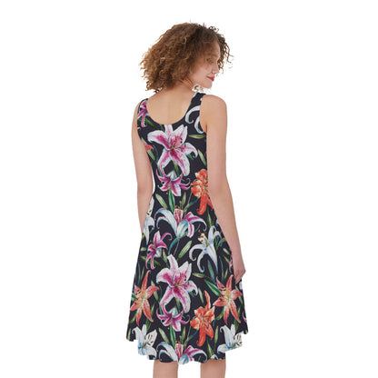 Watercolor Lily Flowers Pattern Print Women's Sleeveless Dress