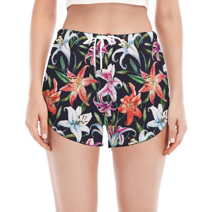 Watercolor Lily Flowers Pattern Print Women's Split Running Shorts