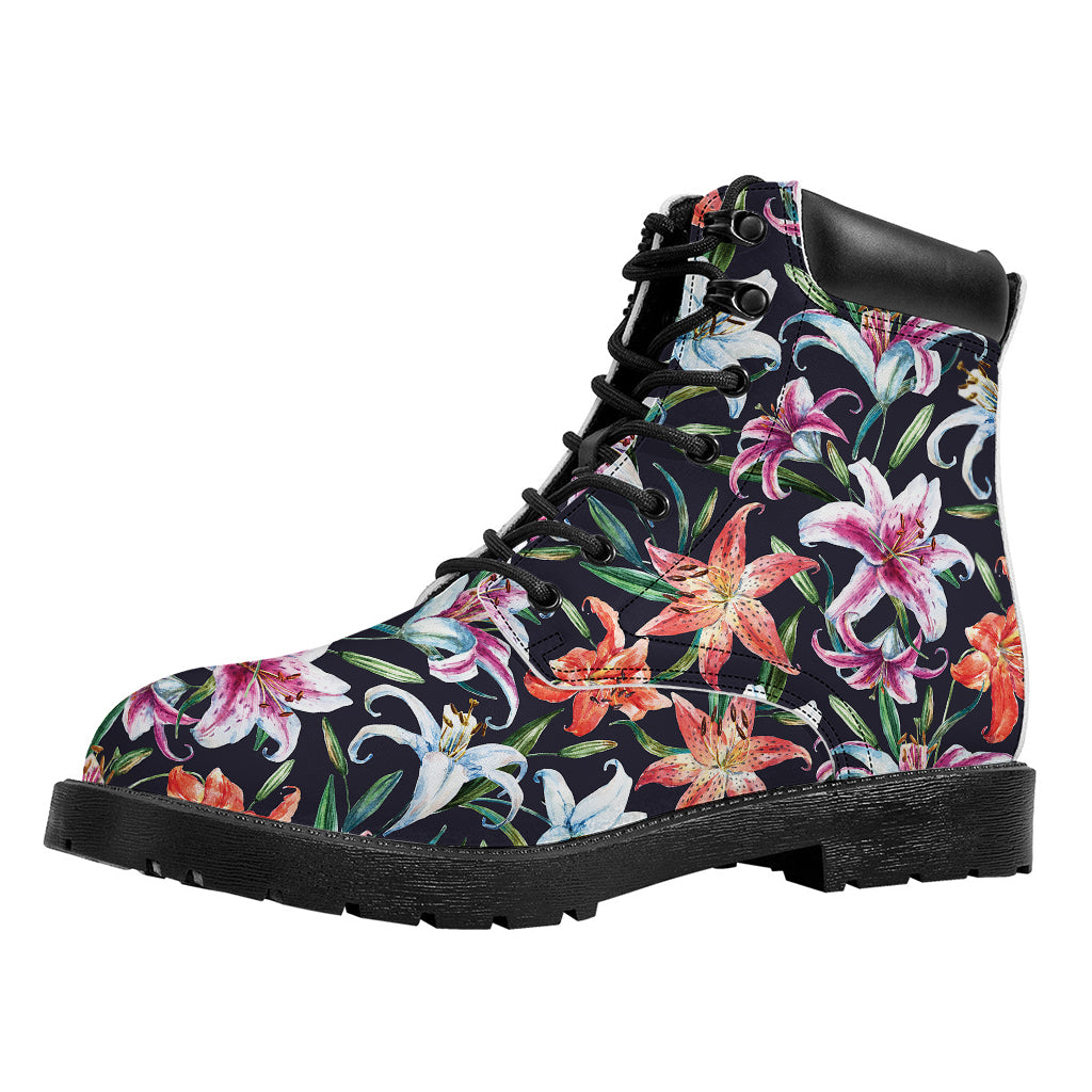 Watercolor Lily Flowers Pattern Print Work Boots