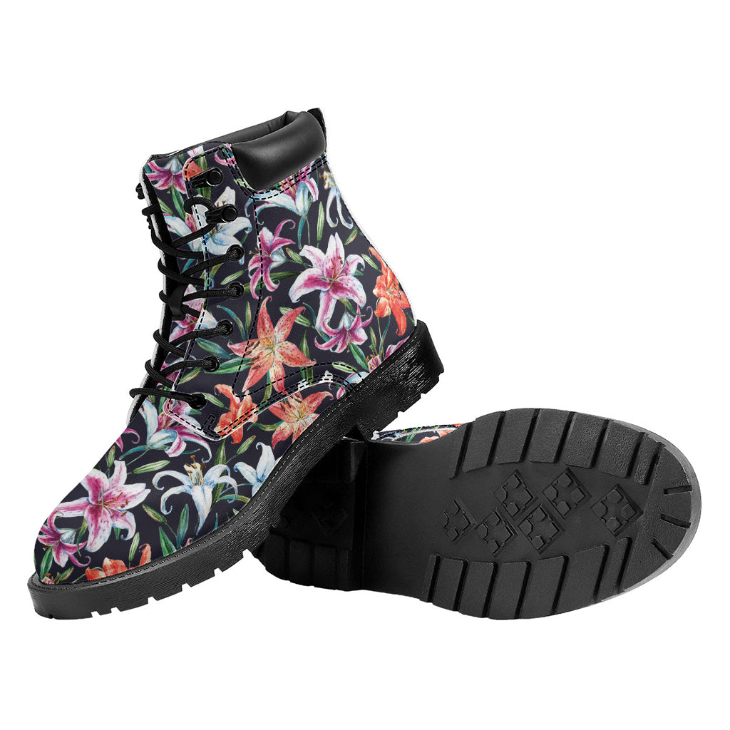 Watercolor Lily Flowers Pattern Print Work Boots