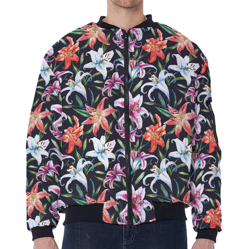 Watercolor Lily Flowers Pattern Print Zip Sleeve Bomber Jacket