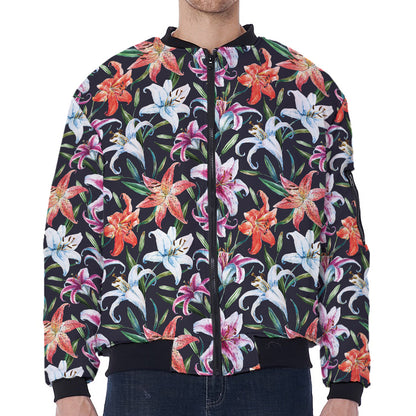 Watercolor Lily Flowers Pattern Print Zip Sleeve Bomber Jacket