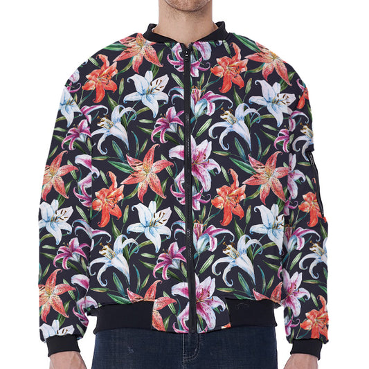 Watercolor Lily Flowers Pattern Print Zip Sleeve Bomber Jacket