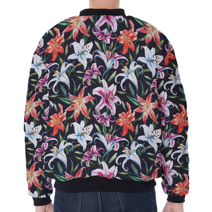 Watercolor Lily Flowers Pattern Print Zip Sleeve Bomber Jacket