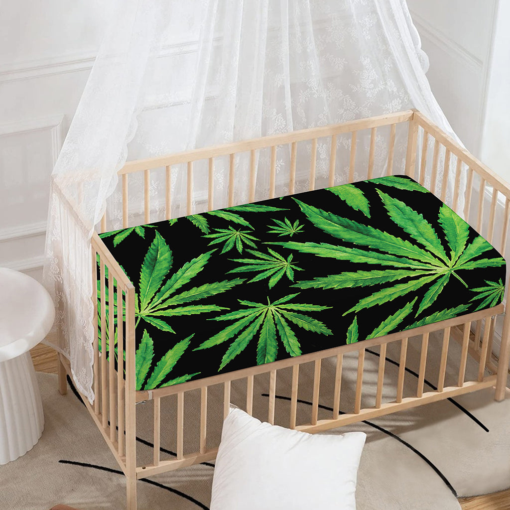 Watercolor Marijuana Leaf Pattern Print Baby Crib Sheet