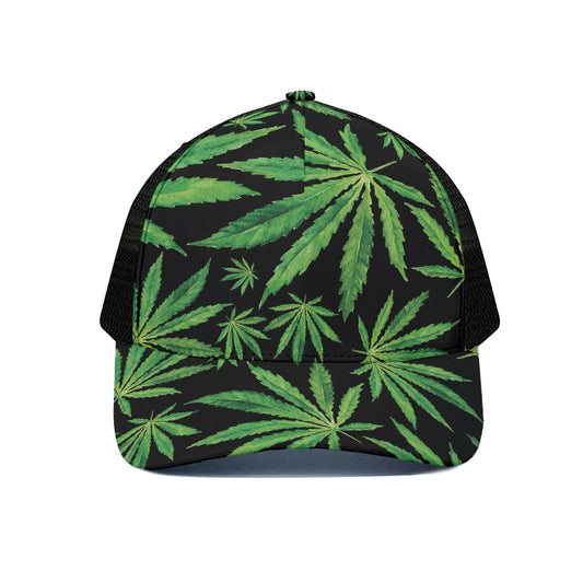 Watercolor Marijuana Leaf Pattern Print Black Mesh Trucker Cap