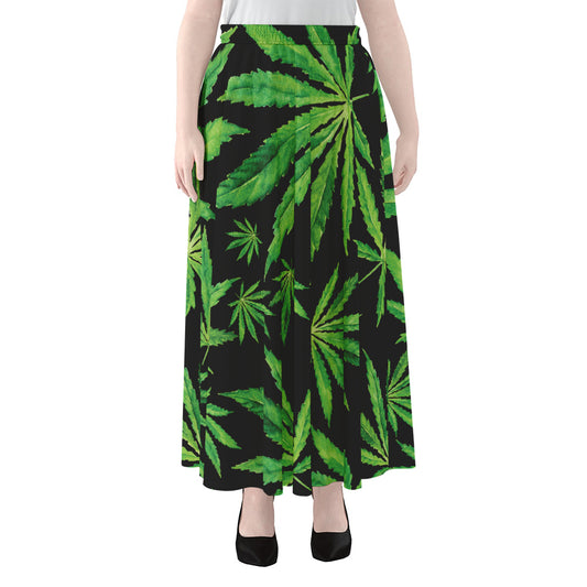 Watercolor Marijuana Leaf Pattern Print Chiffon Maxi Skirt