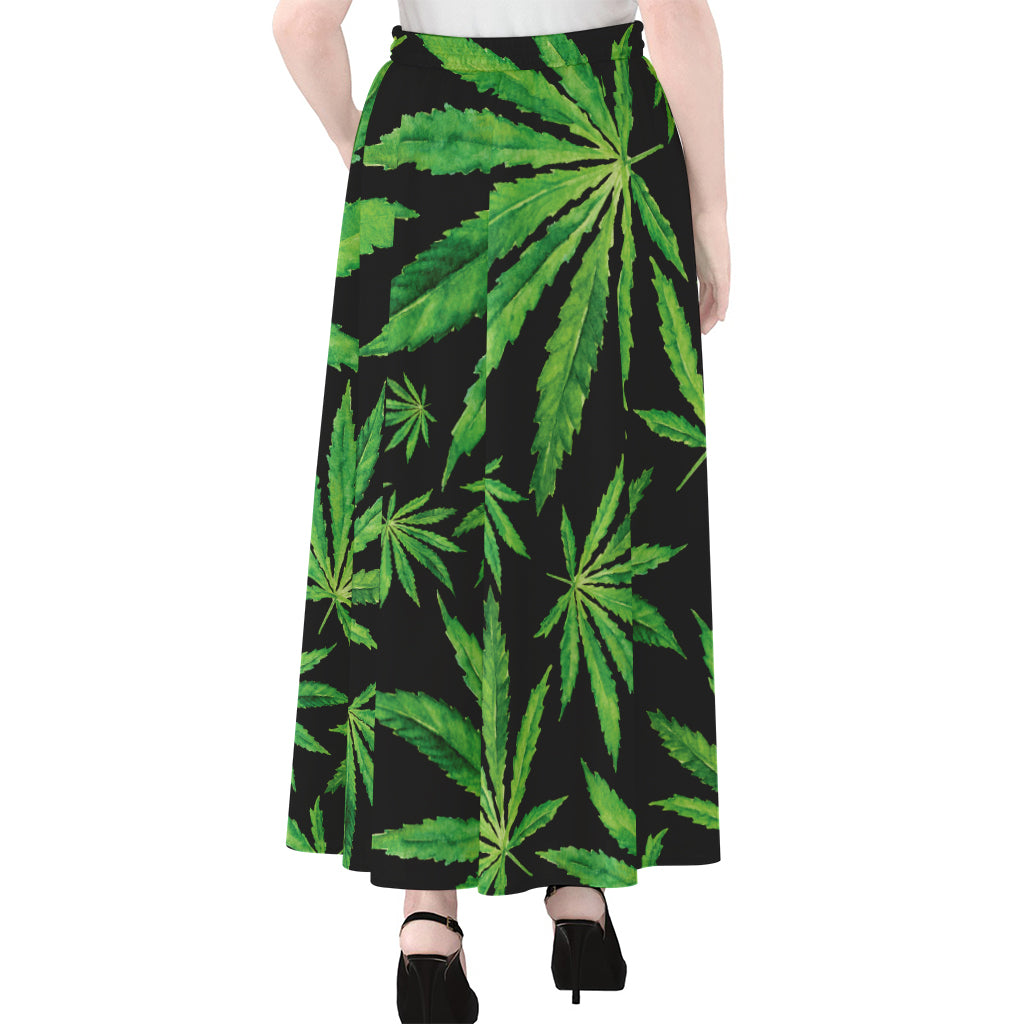 Watercolor Marijuana Leaf Pattern Print Chiffon Maxi Skirt
