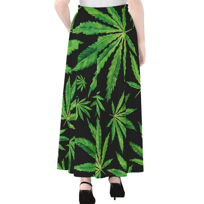 Watercolor Marijuana Leaf Pattern Print Chiffon Maxi Skirt