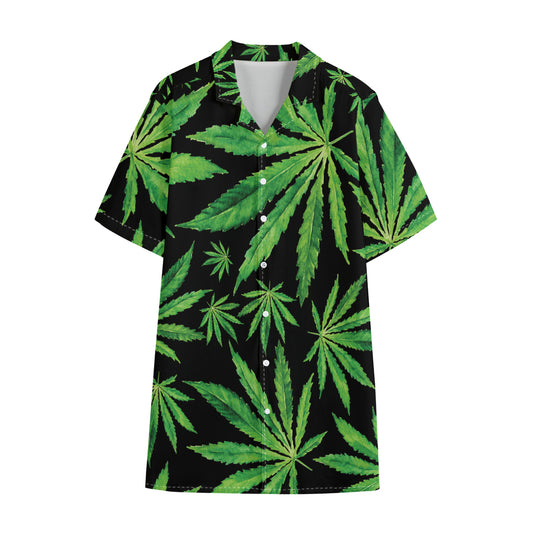 Watercolor Marijuana Leaf Pattern Print Cotton Hawaiian Shirt