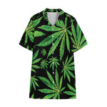 Watercolor Marijuana Leaf Pattern Print Cotton Hawaiian Shirt