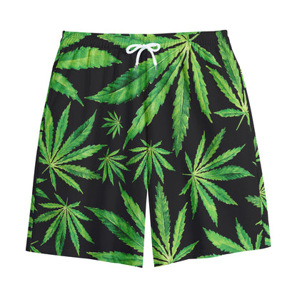 Watercolor Marijuana Leaf Pattern Print Cotton Shorts