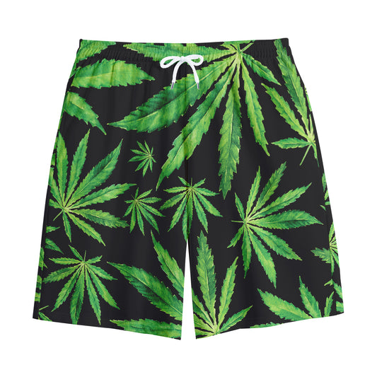 Watercolor Marijuana Leaf Pattern Print Cotton Shorts