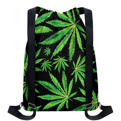 Watercolor Marijuana Leaf Pattern Print Drawstring Backpack