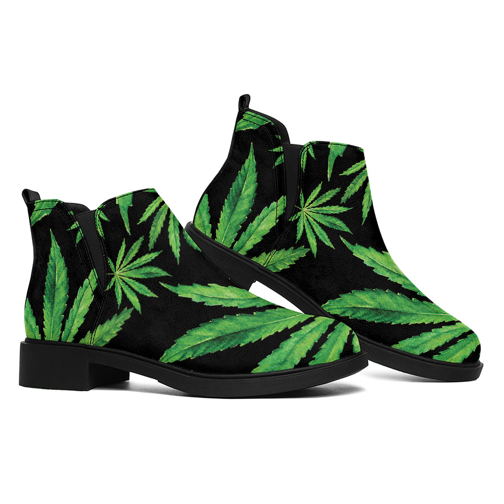 Watercolor Marijuana Leaf Pattern Print Flat Ankle Boots