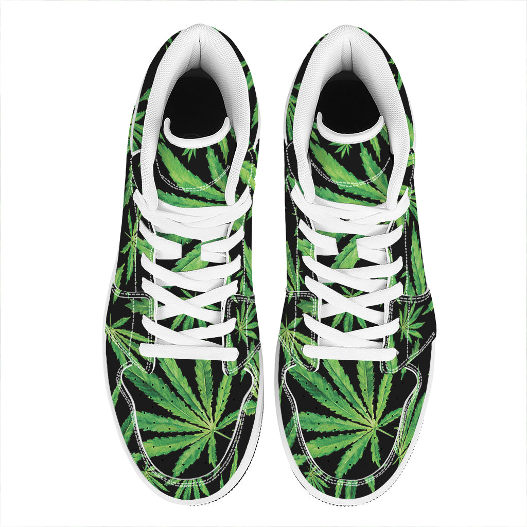 Watercolor Marijuana Leaf Pattern Print High Top Leather Sneakers