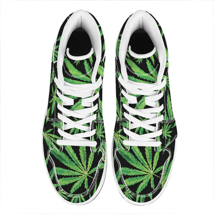 Watercolor Marijuana Leaf Pattern Print High Top Leather Sneakers