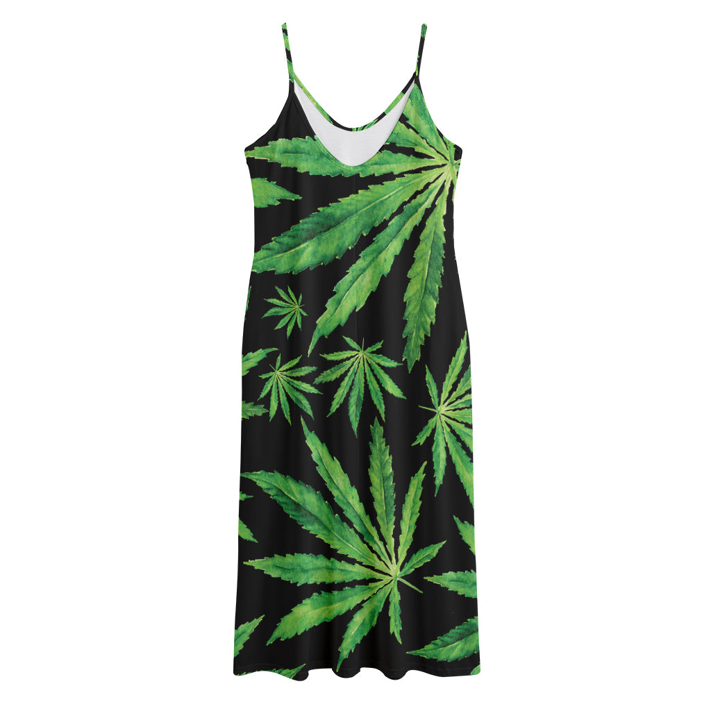 Watercolor Marijuana Leaf Pattern Print Jersey Midi Cami Dress