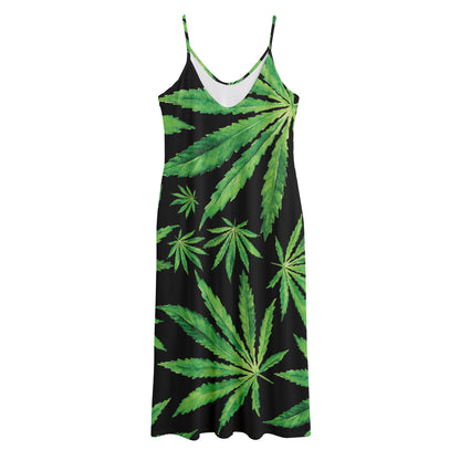 Watercolor Marijuana Leaf Pattern Print Jersey Midi Cami Dress