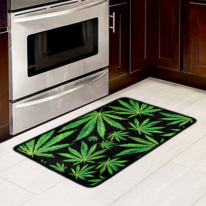 Watercolor Marijuana Leaf Pattern Print Kitchen Mat