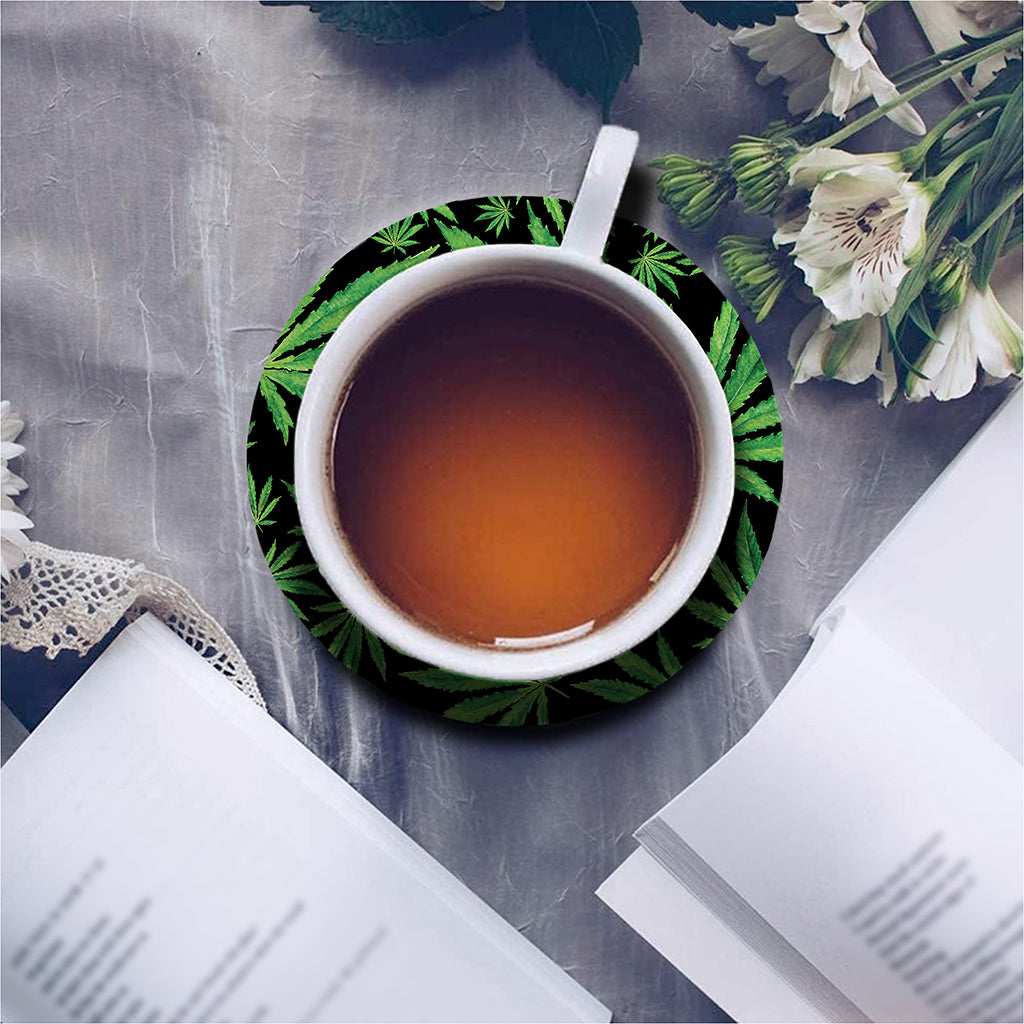 Watercolor Marijuana Leaf Pattern Print Leather Coaster Set