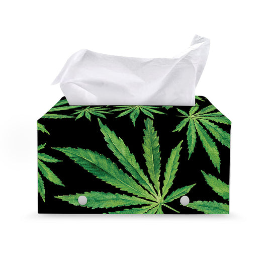 Watercolor Marijuana Leaf Pattern Print Leather Tissue Box Cover