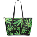 Watercolor Marijuana Leaf Pattern Print Leather Tote Bag With Zipper
