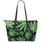 Watercolor Marijuana Leaf Pattern Print Leather Tote Bag