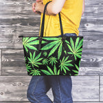 Watercolor Marijuana Leaf Pattern Print Leather Tote Bag