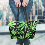 Watercolor Marijuana Leaf Pattern Print Leather Tote Bag