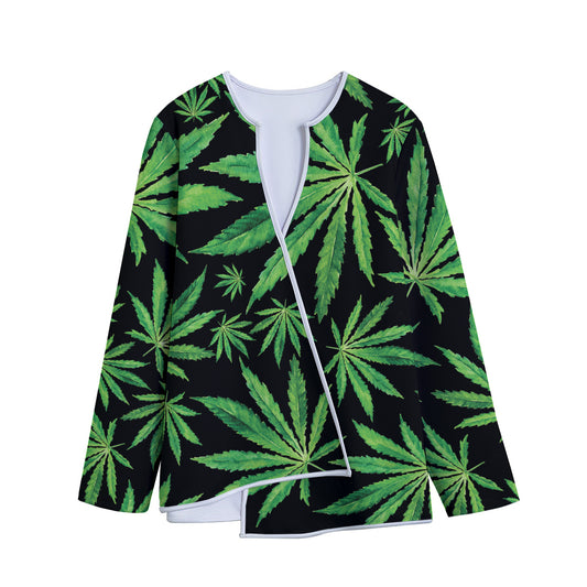 Watercolor Marijuana Leaf Pattern Print Long Sleeve Short Coat
