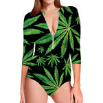 Watercolor Marijuana Leaf Pattern Print Long Sleeve Swimsuit