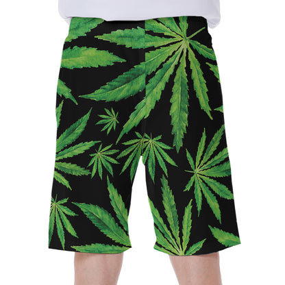 Watercolor Marijuana Leaf Pattern Print Men's Beach Shorts