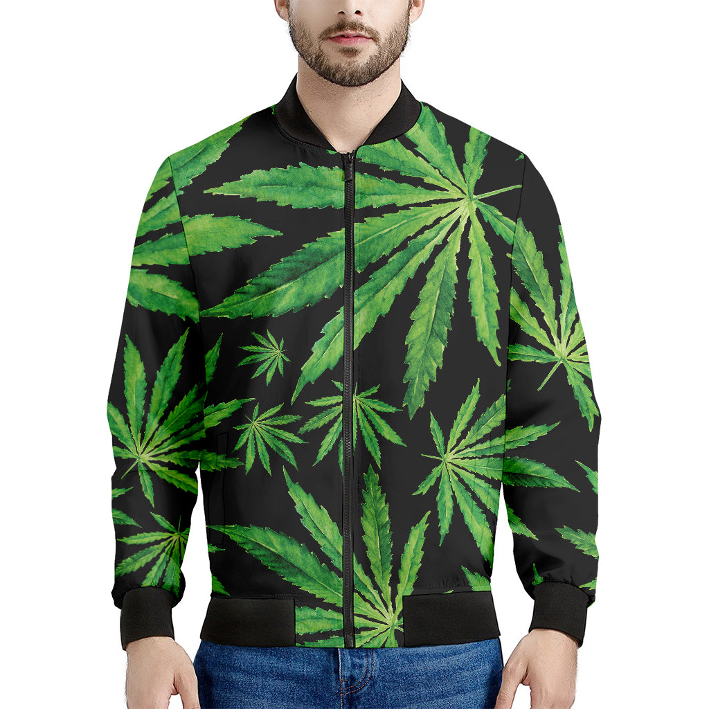 Watercolor Marijuana Leaf Pattern Print Men's Bomber Jacket