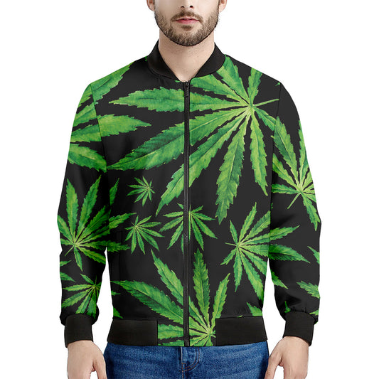 Watercolor Marijuana Leaf Pattern Print Men's Bomber Jacket