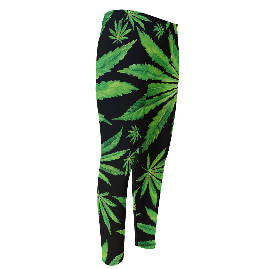 Watercolor Marijuana Leaf Pattern Print Men's Compression Pants