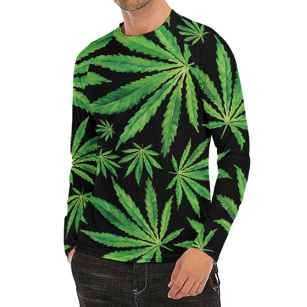 Watercolor Marijuana Leaf Pattern Print Men's Long Sleeve Rash Guard