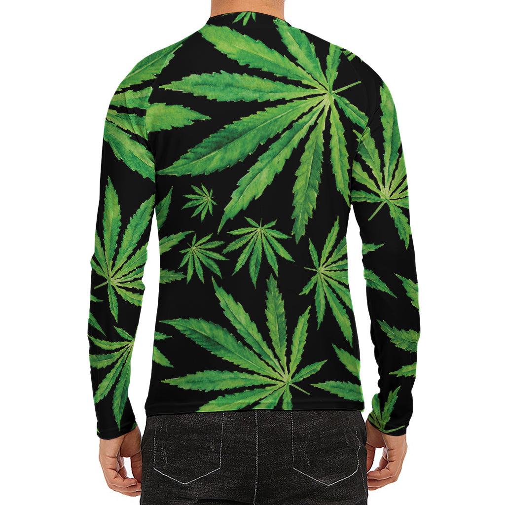 Watercolor Marijuana Leaf Pattern Print Men's Long Sleeve Rash Guard