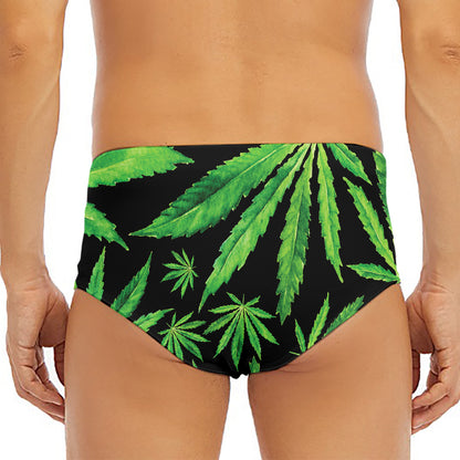 Watercolor Marijuana Leaf Pattern Print Men's Triangle Swim Briefs