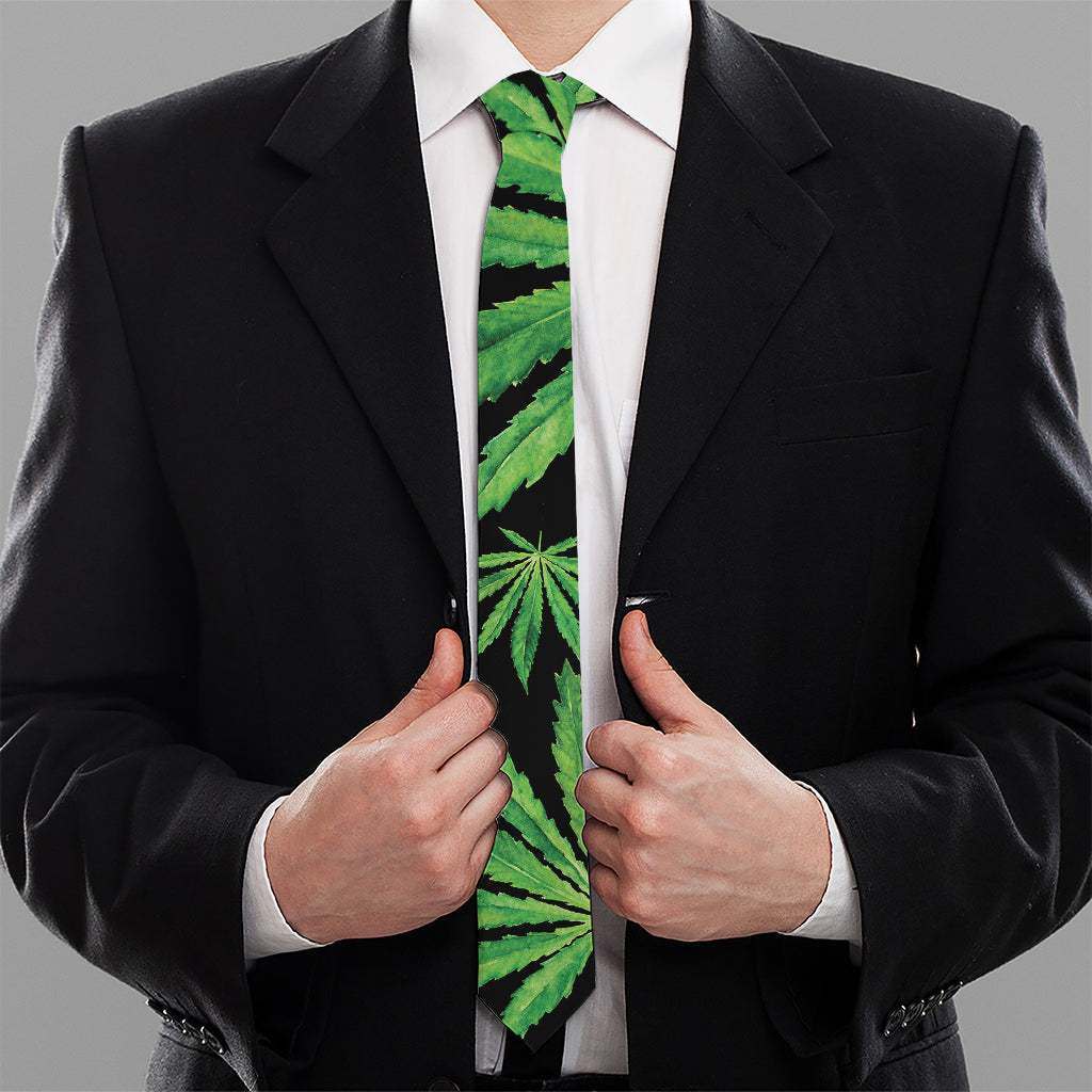 Watercolor Marijuana Leaf Pattern Print Necktie