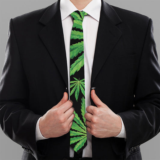 Watercolor Marijuana Leaf Pattern Print Necktie