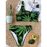 Watercolor Marijuana Leaf Pattern Print One Shoulder Bikini Top