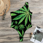 Watercolor Marijuana Leaf Pattern Print One Shoulder Bodysuit
