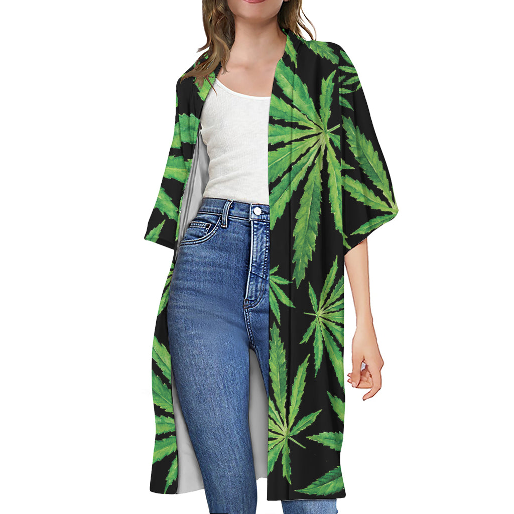 Watercolor Marijuana Leaf Pattern Print Open Front Beach Cover Up