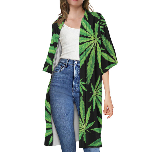 Watercolor Marijuana Leaf Pattern Print Open Front Beach Cover Up