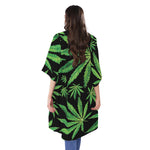 Watercolor Marijuana Leaf Pattern Print Open Front Beach Cover Up
