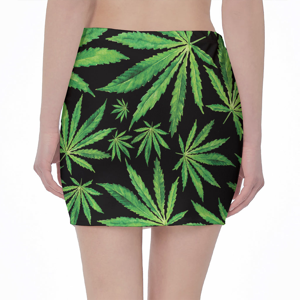 Watercolor Marijuana Leaf Pattern Print Pencil Mini Skirt