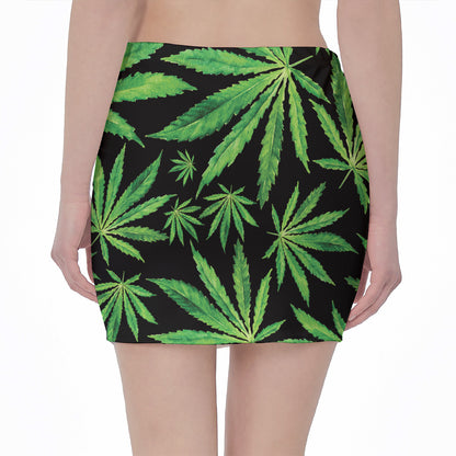 Watercolor Marijuana Leaf Pattern Print Pencil Mini Skirt